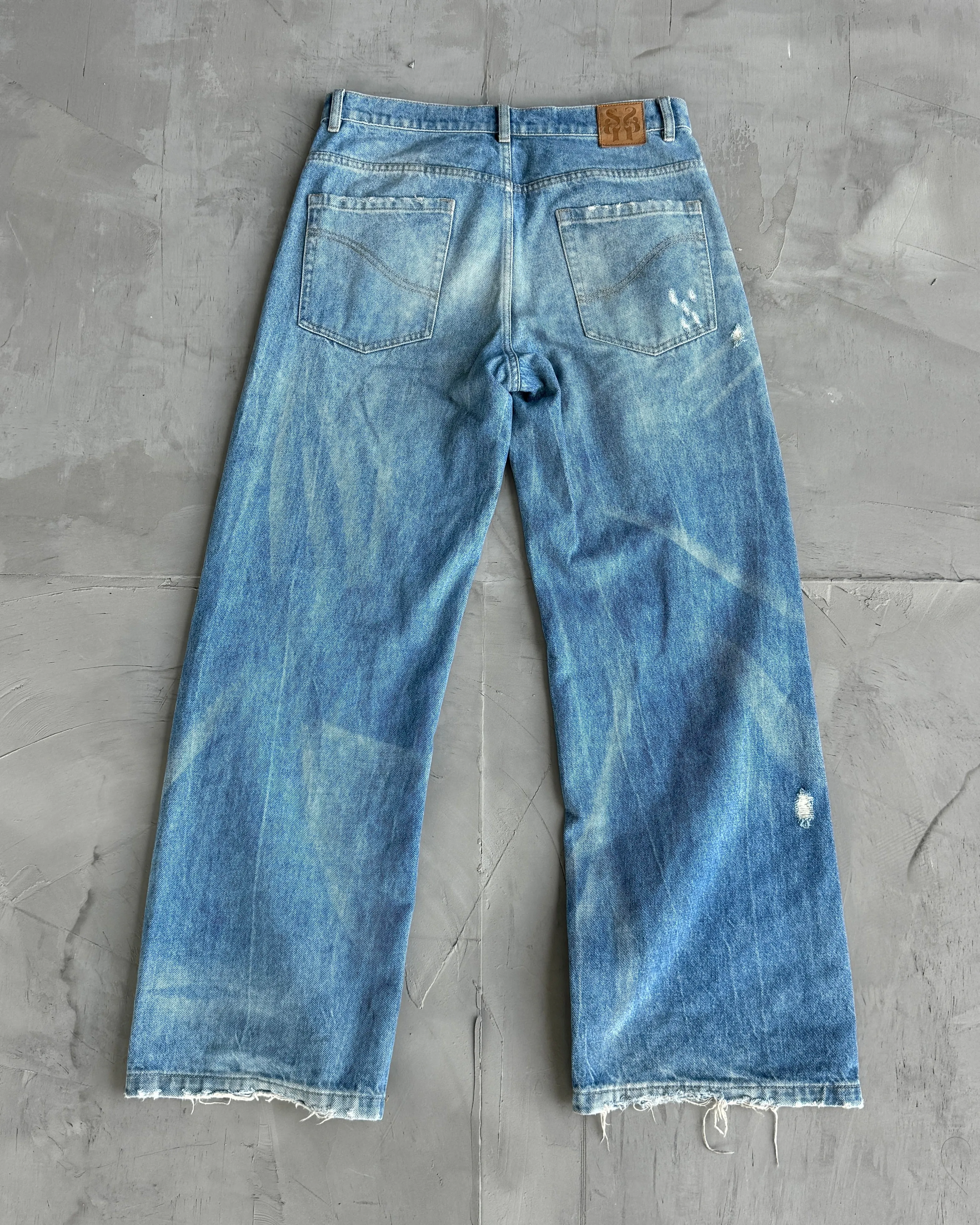 SIMPLE PROJECT WASHED DISTRESSED WIDE LEG BLUE JEANS - W32