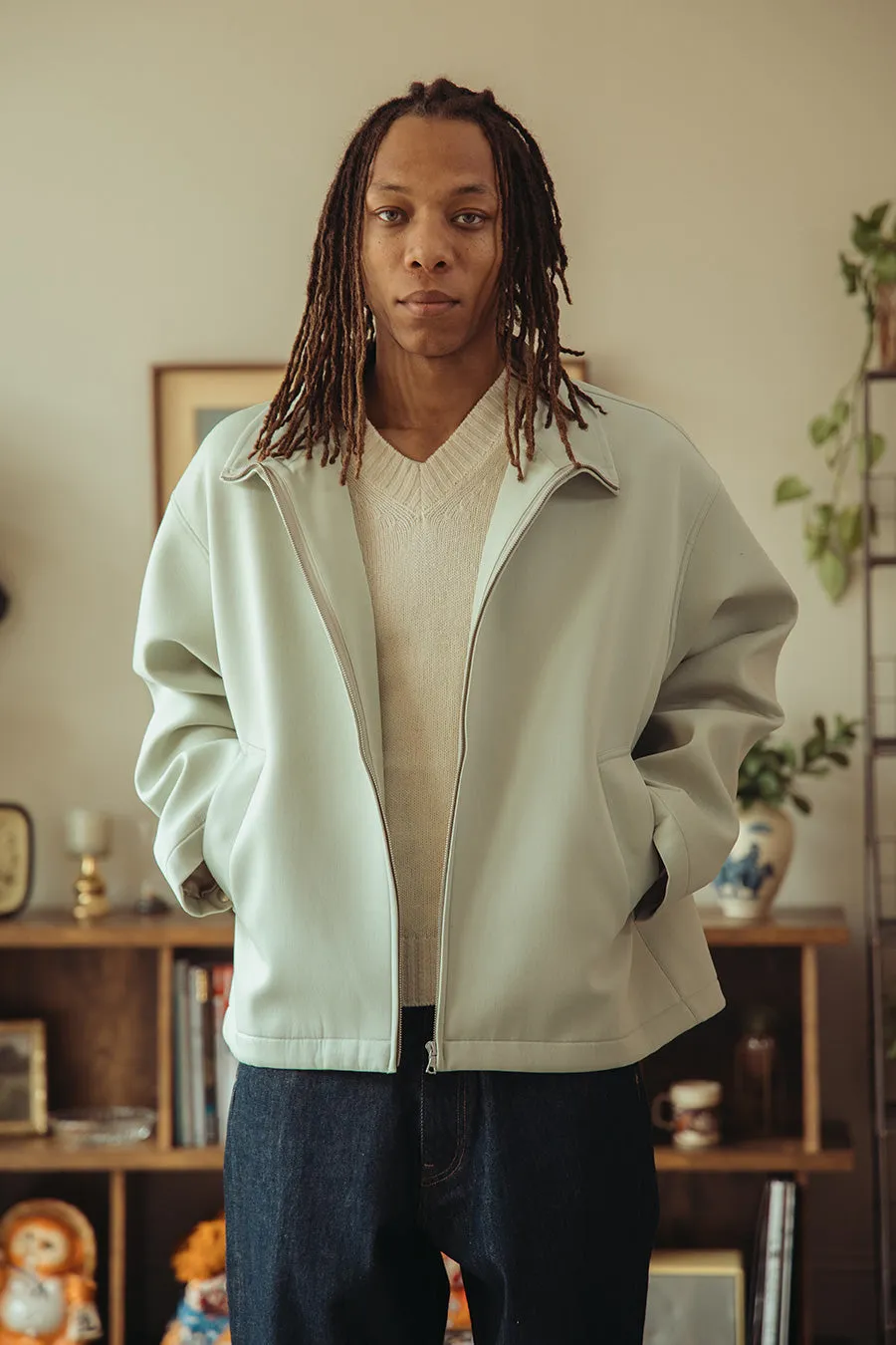 Sponge Wool Twill Zip Blouson - Pale Green