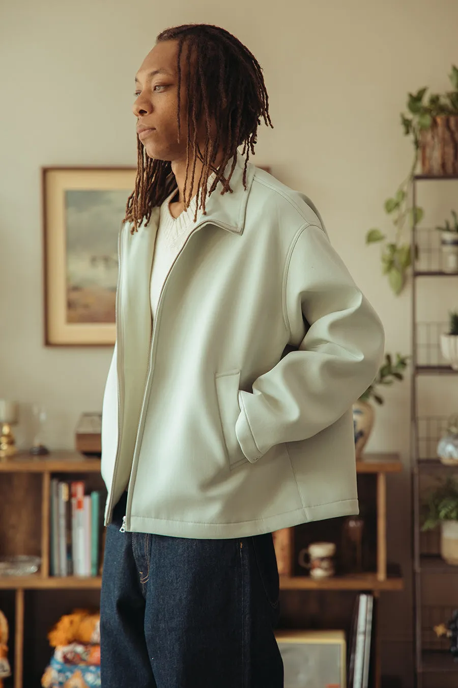 Sponge Wool Twill Zip Blouson - Pale Green